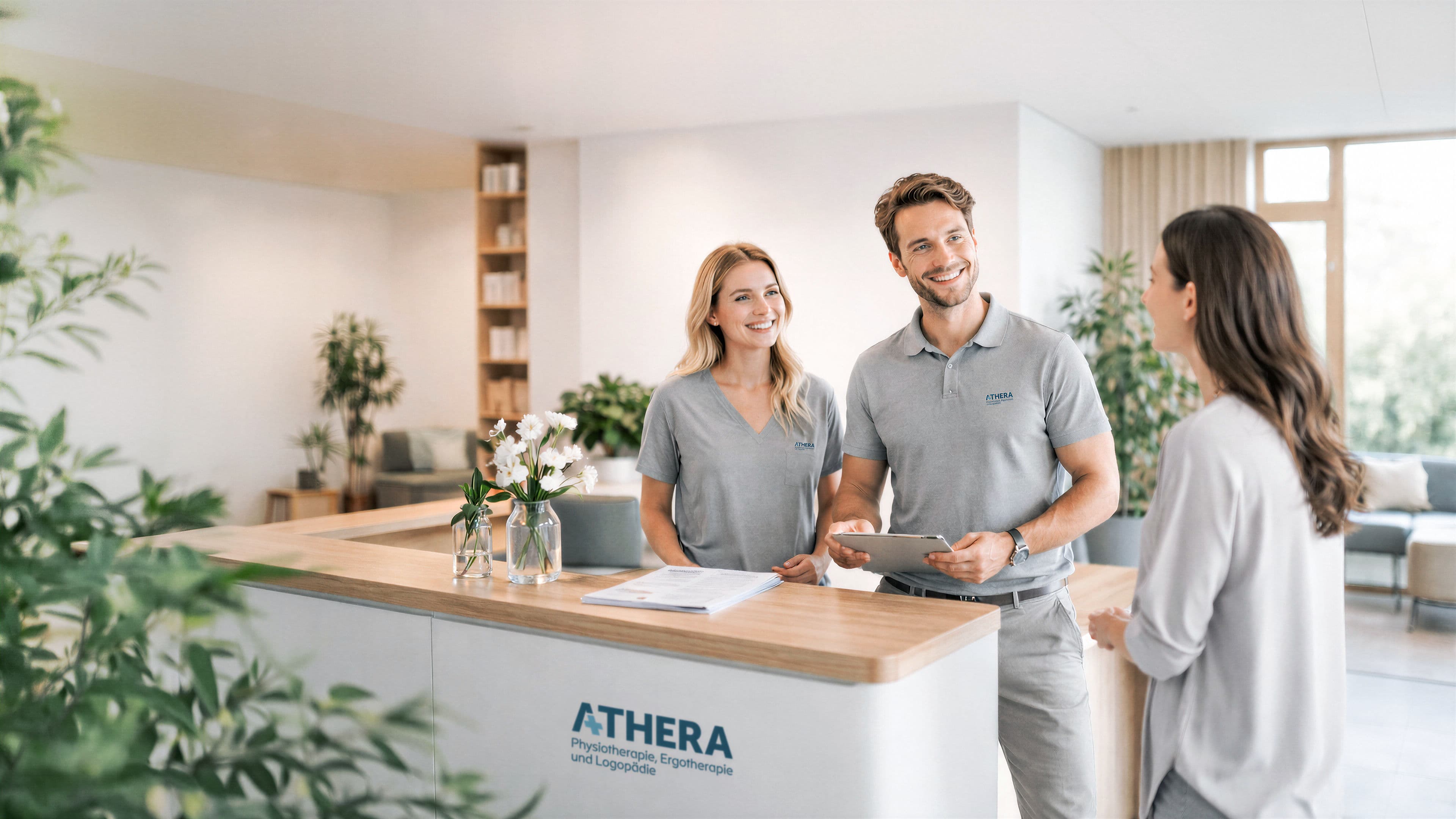 ATHERA Physiotherapie Empfang – Therapeuten-Team begrüßt Patientin in moderner, heller Praxis